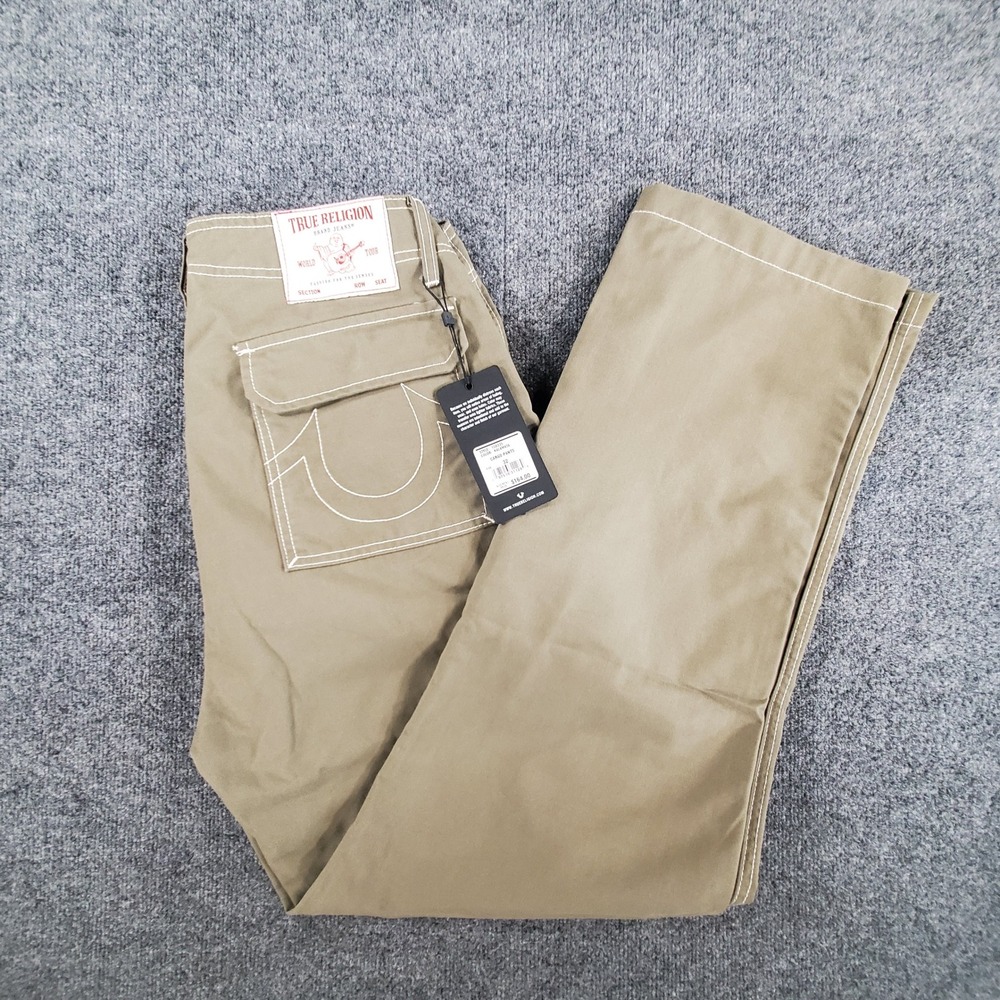 True Religion Cargo Pants Mens 32 (FIT 34) Kalamata Green Contrast Stitch NEW